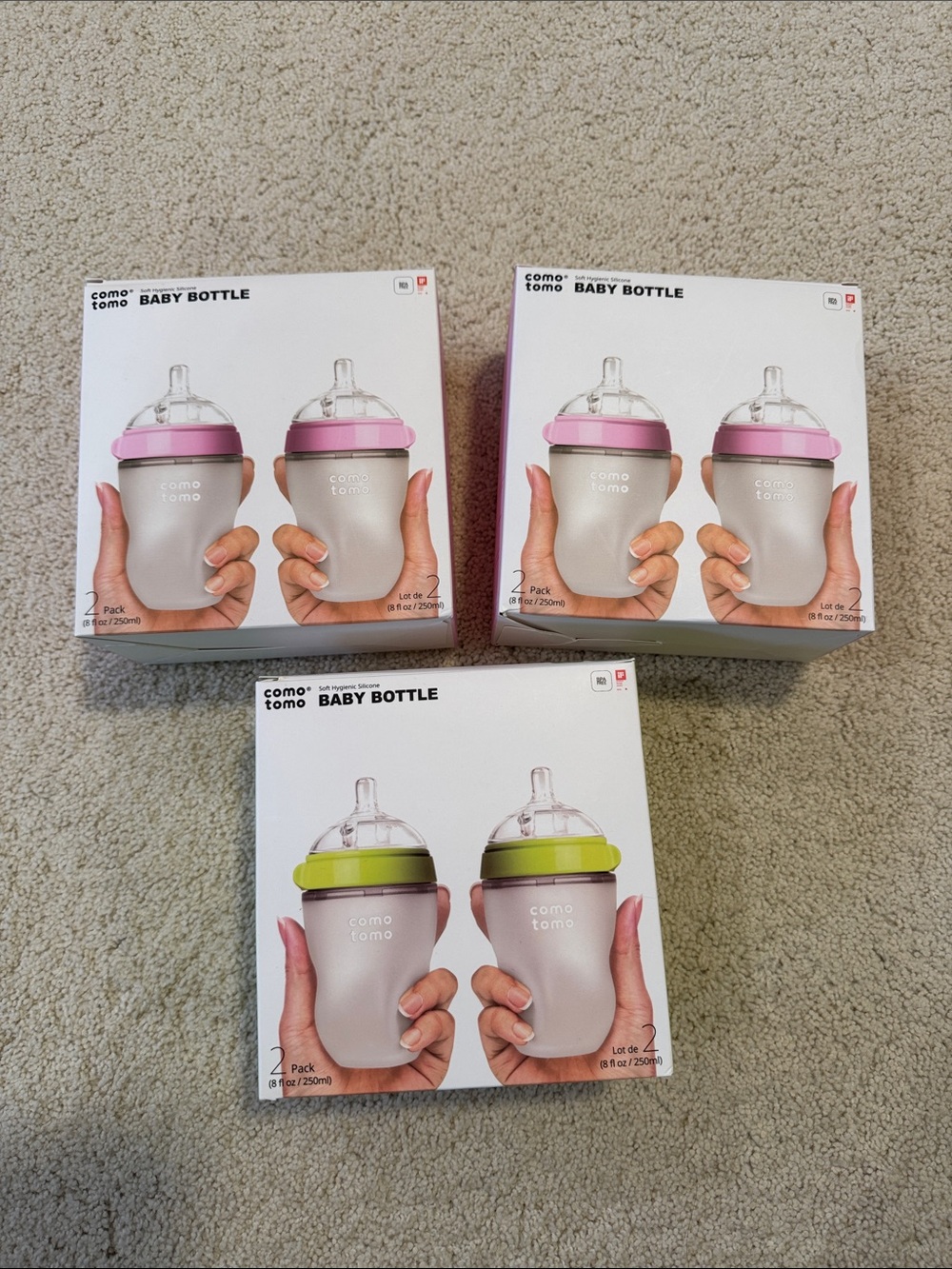 Comotomo Baby Bottle 2-Pack - Pink & Green Lids, 3 boxes
